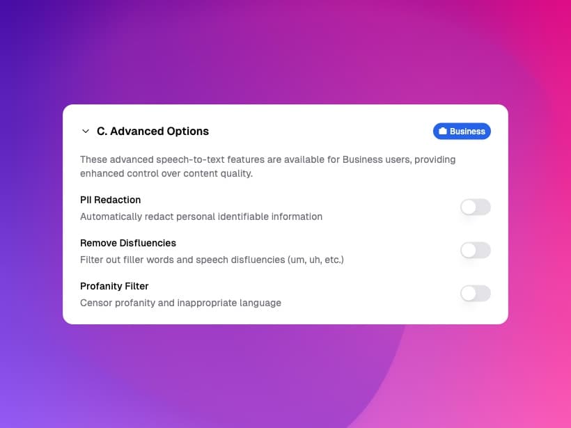Advanced speech to text settings