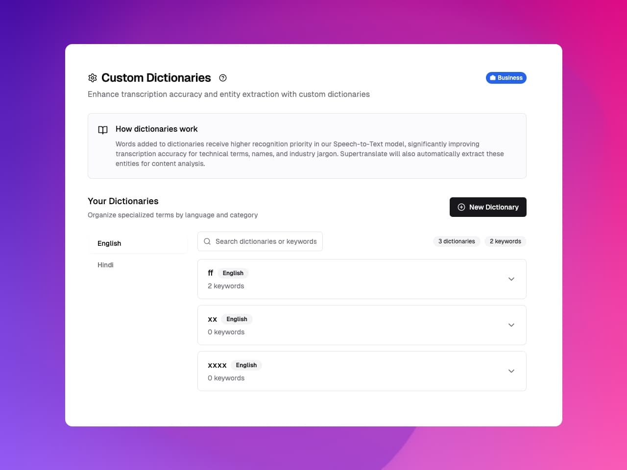 Custom dictionaries interface